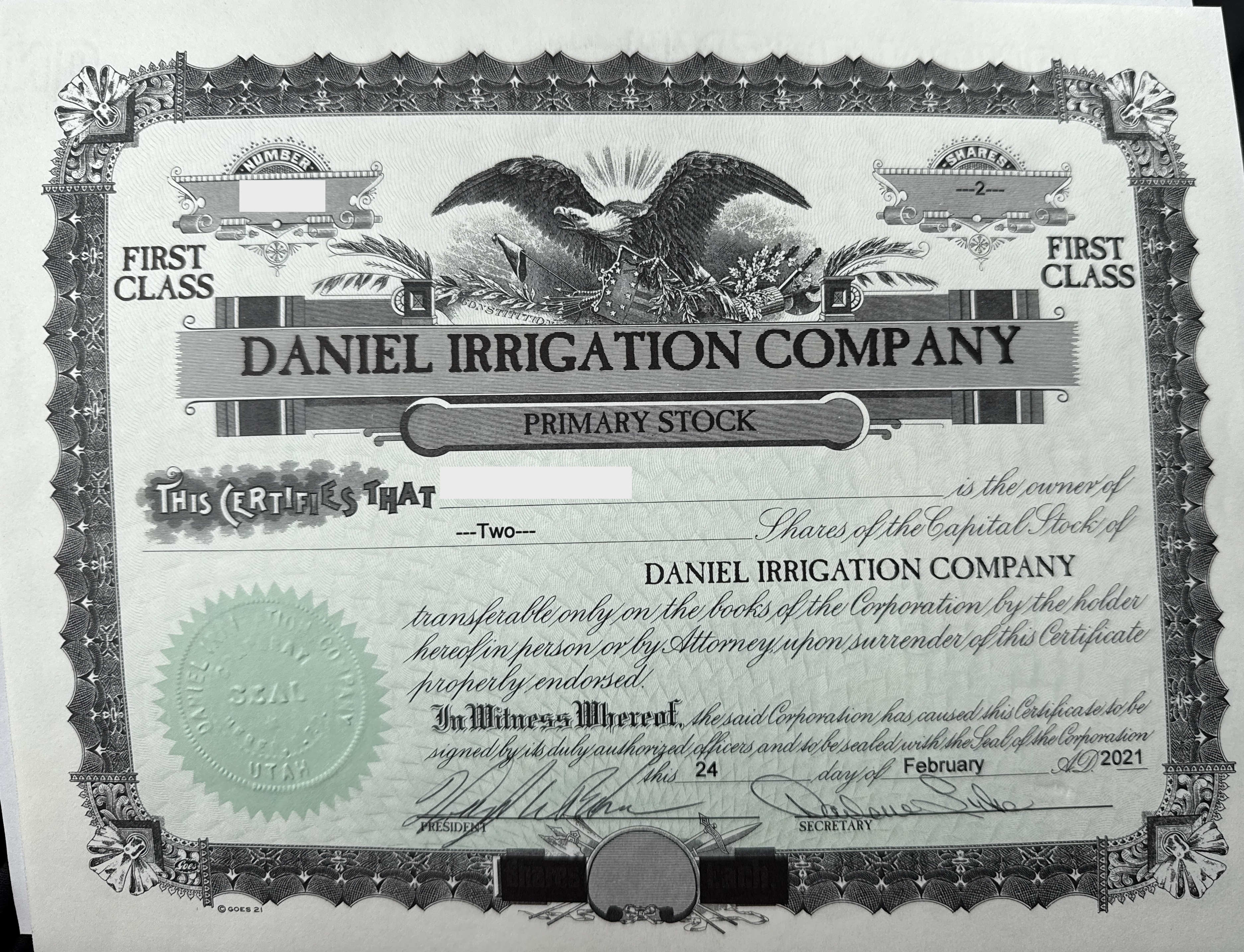 Daniel Irrigation Shares for Sale