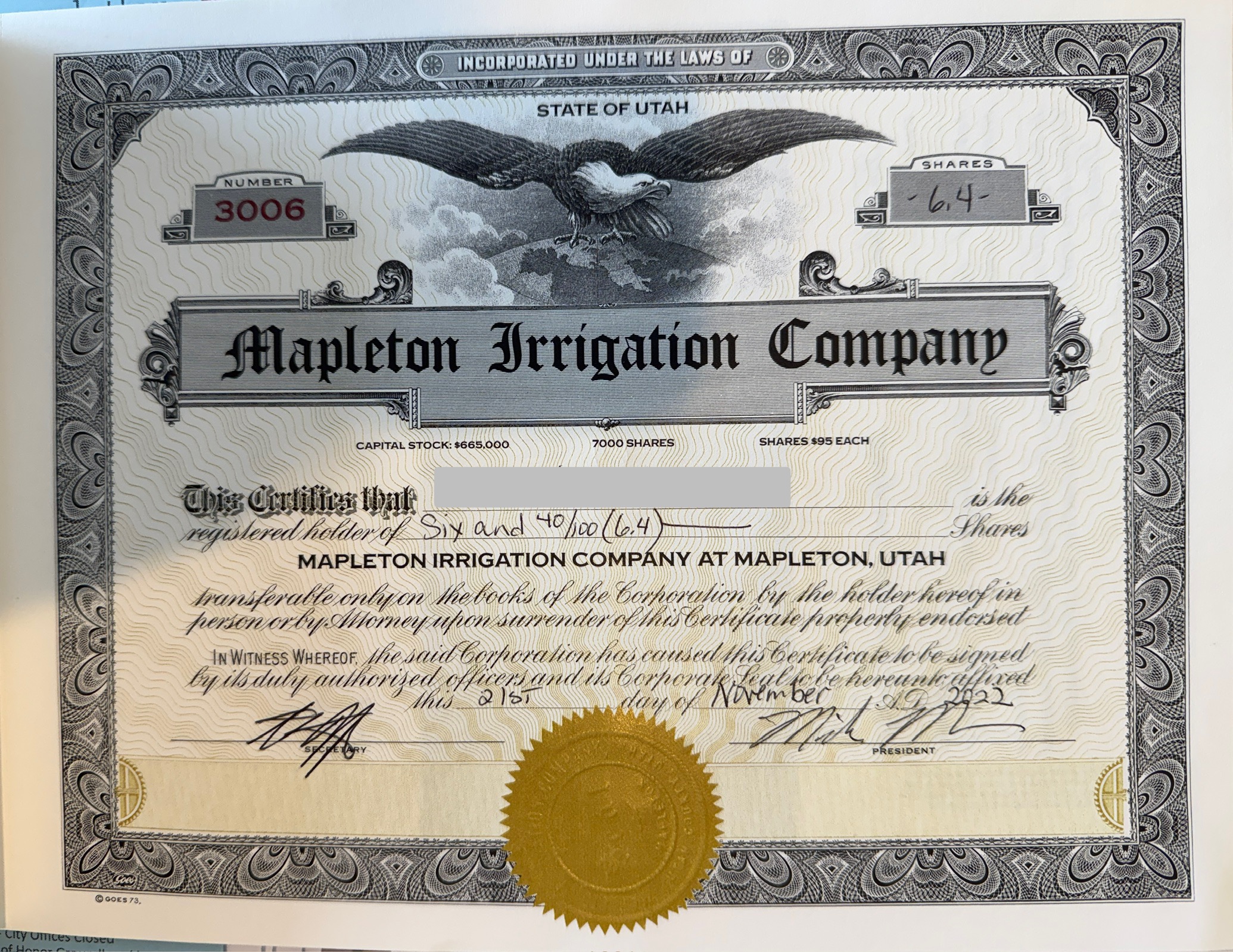 Mapleton Irrigation Shares for Sale - 6.4 Shares - Ready for Mapleton Development