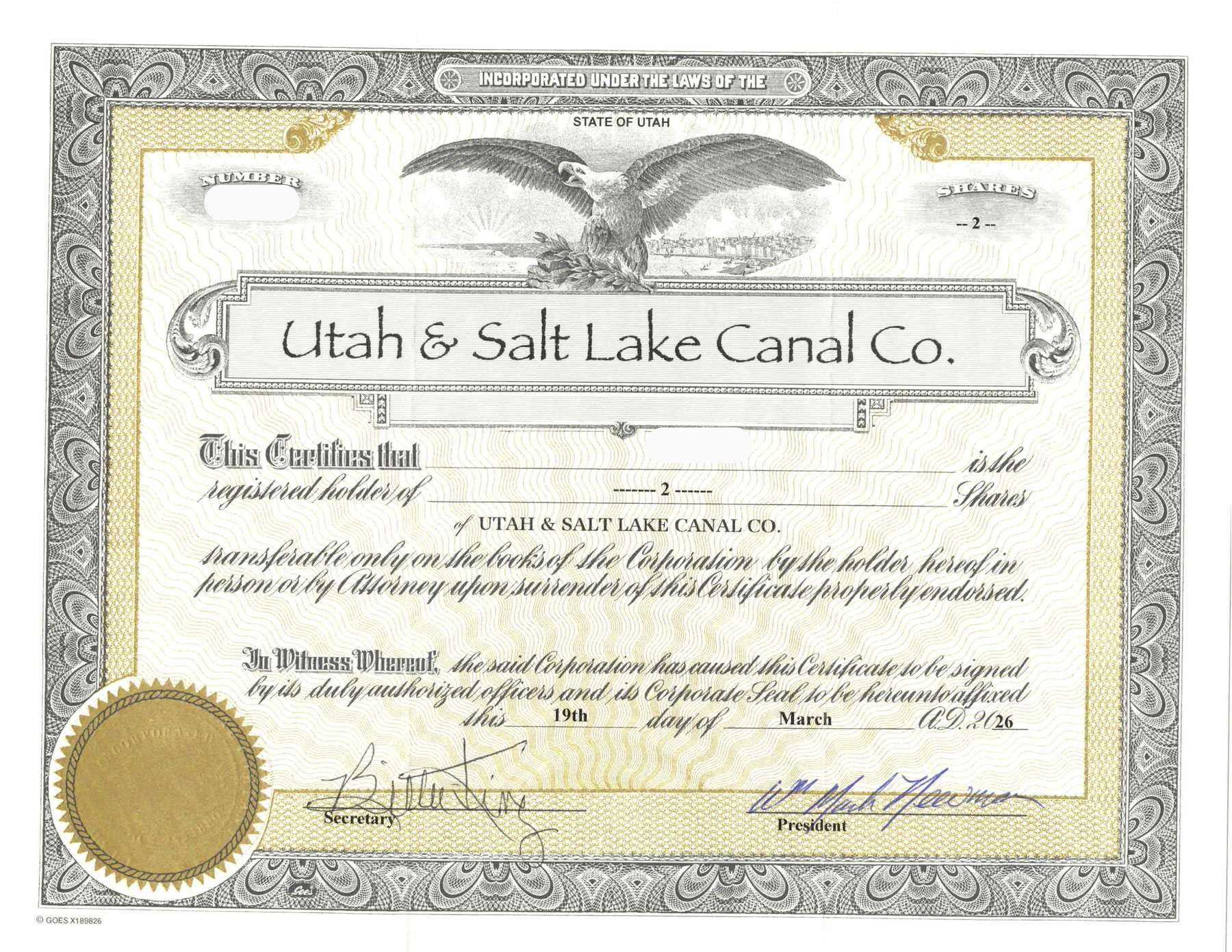 Utah & Salt Lake Canal Company - 2 Shares for Sale